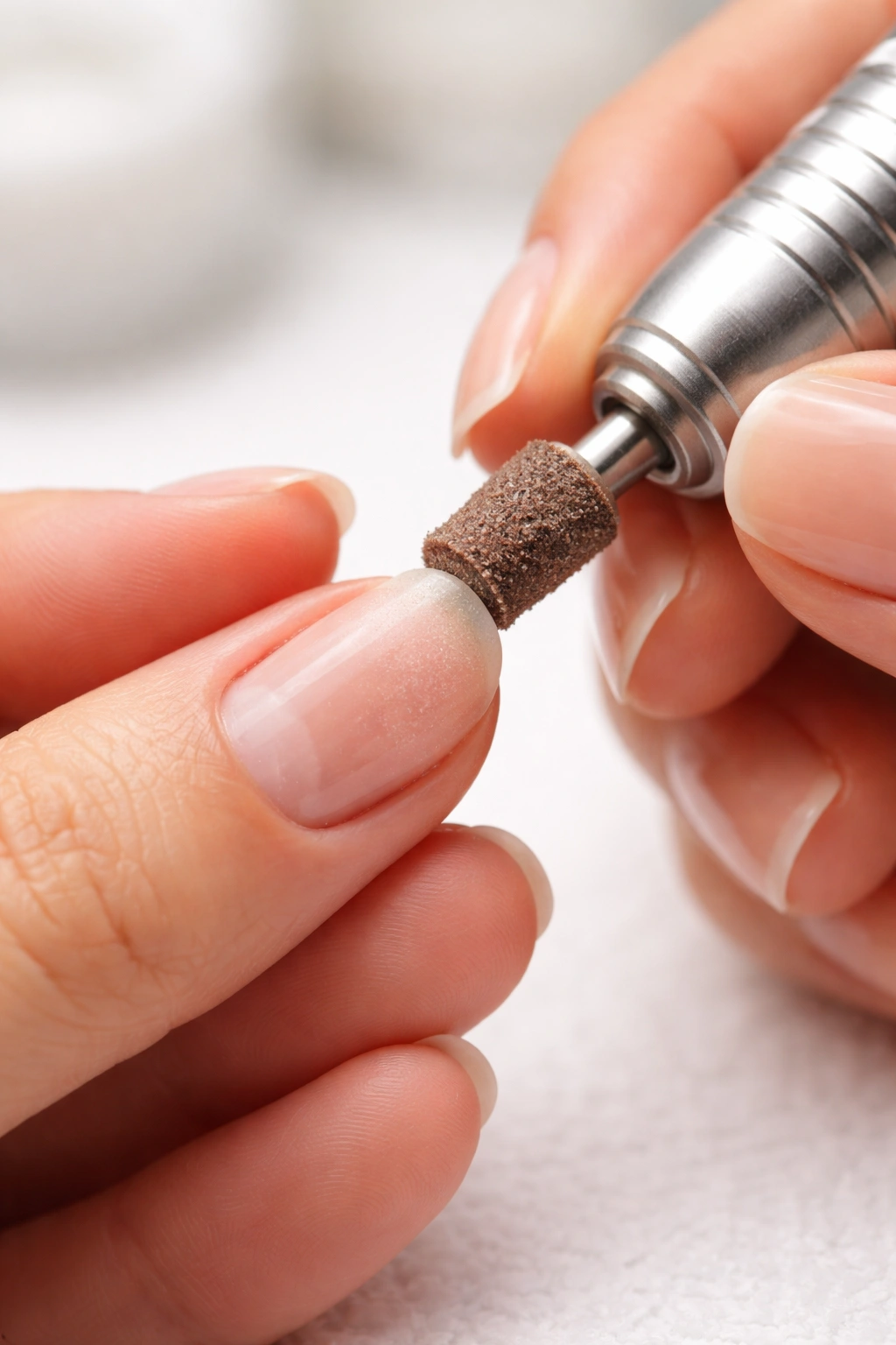 Close-up of natural nail being gently buffed with sanding band