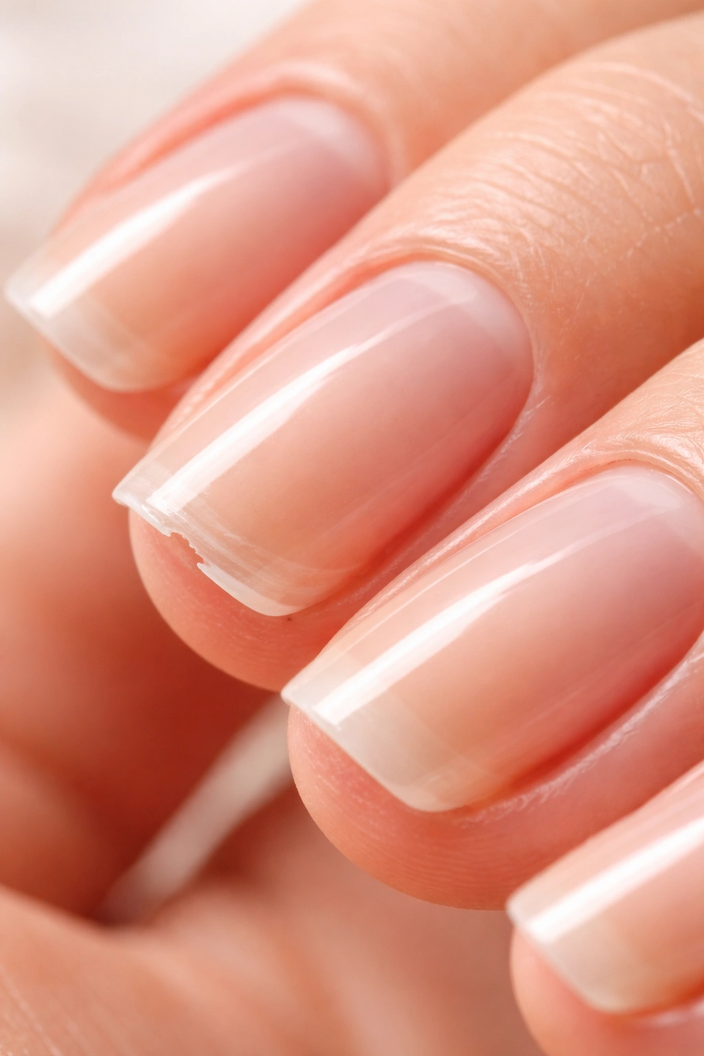 Close-up of bare natural nails on fingertips showing the free edge and keratin layers
