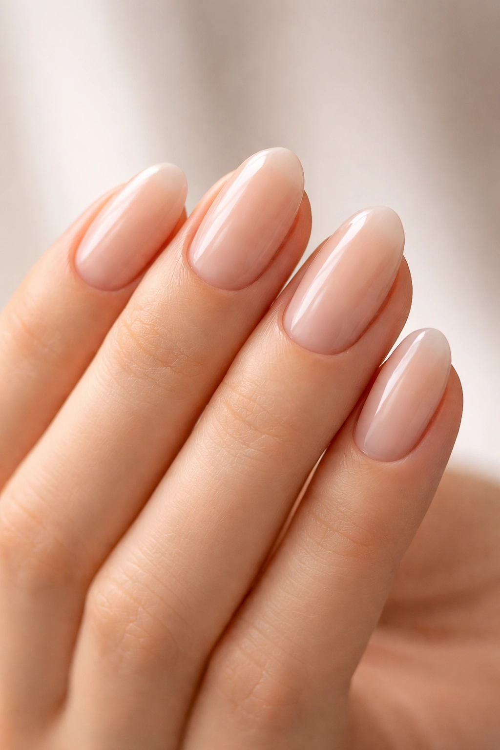 Close-up of natural oval nails on a hand with no polish