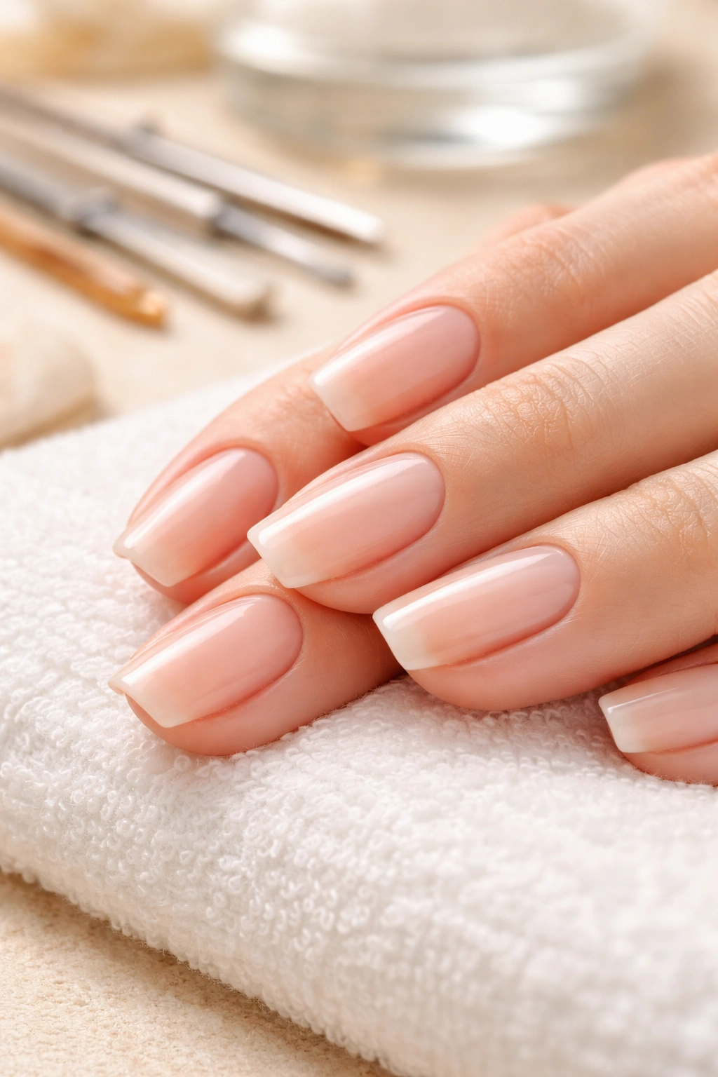 Close-up of natural nails prepared for dip powder with clean cuticles