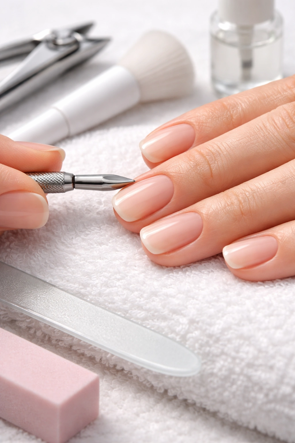 Bare natural nails with clean surfaces ready for dip powder prep