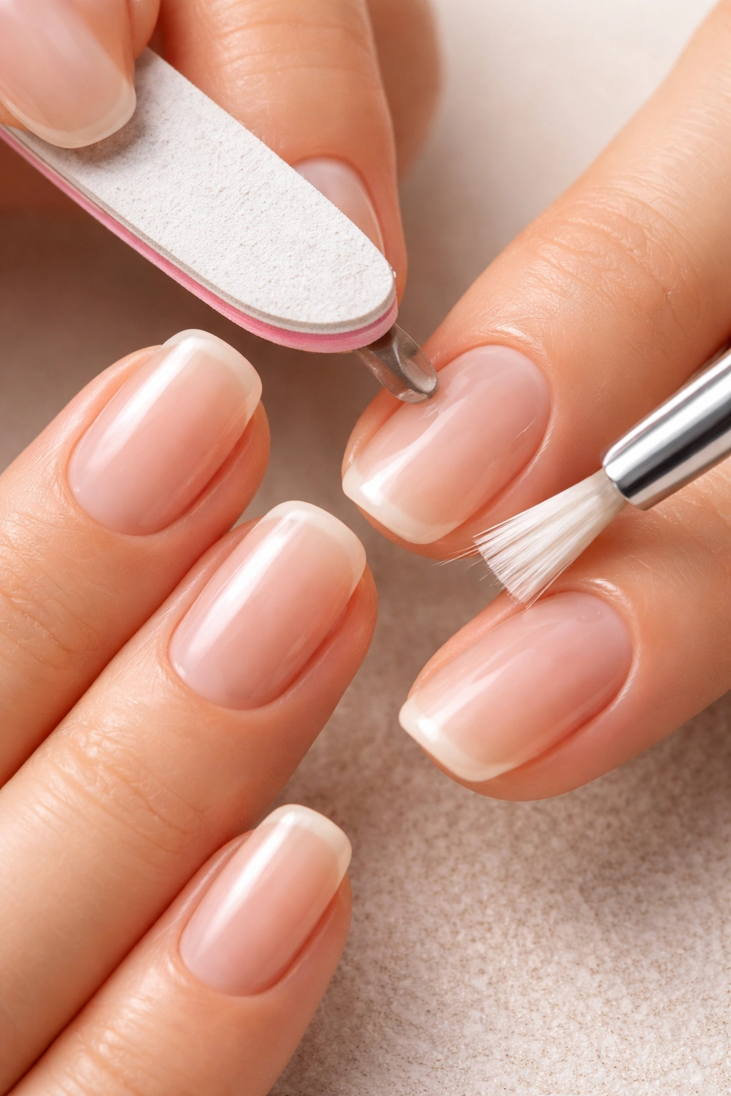 Natural nails being prepped with cuticles pushed back