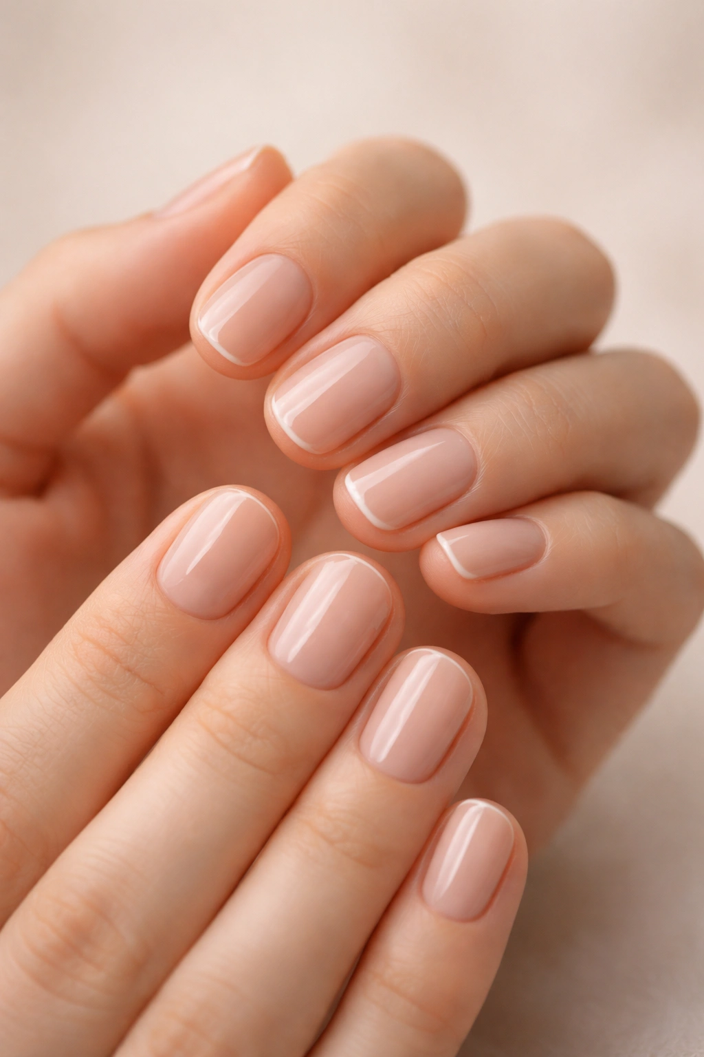 Close-up of short natural nails with clear glossy topcoat