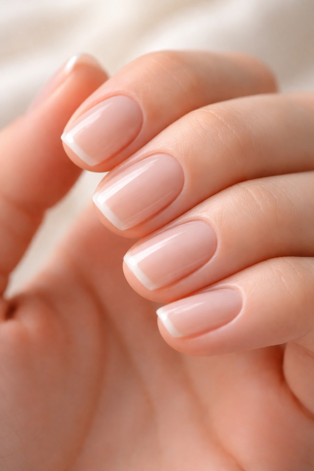 Close-up of natural nails with subtle white tips on short squoval nails