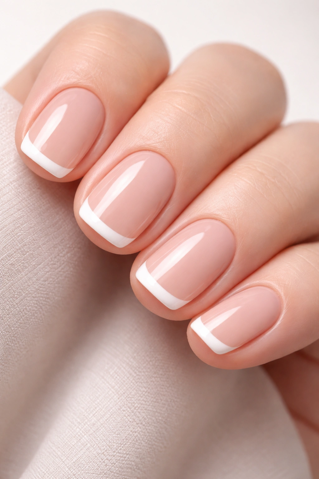 Close-up of short squoval nails with nude base and thin white French tips