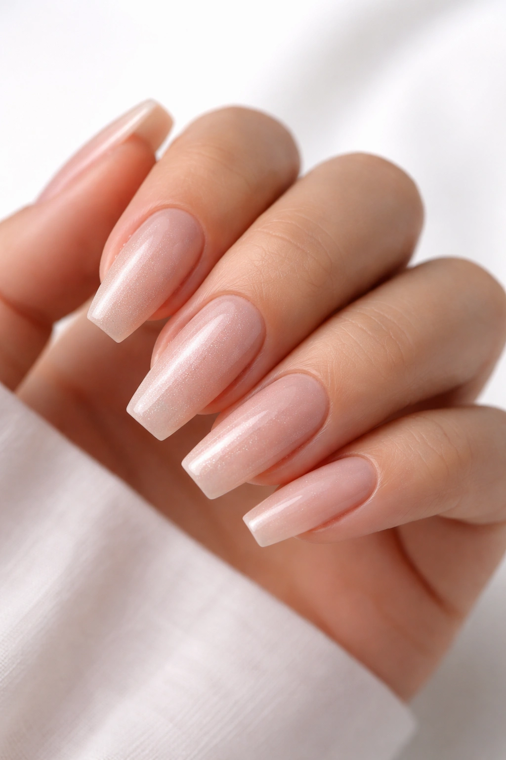 Natural nude coffin nails with subtle shimmer