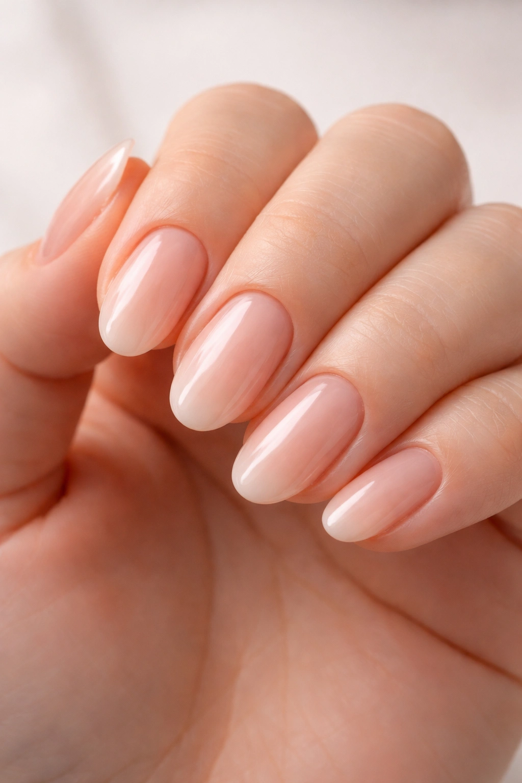 Close-up of natural oval nails with a glossy gel overlay