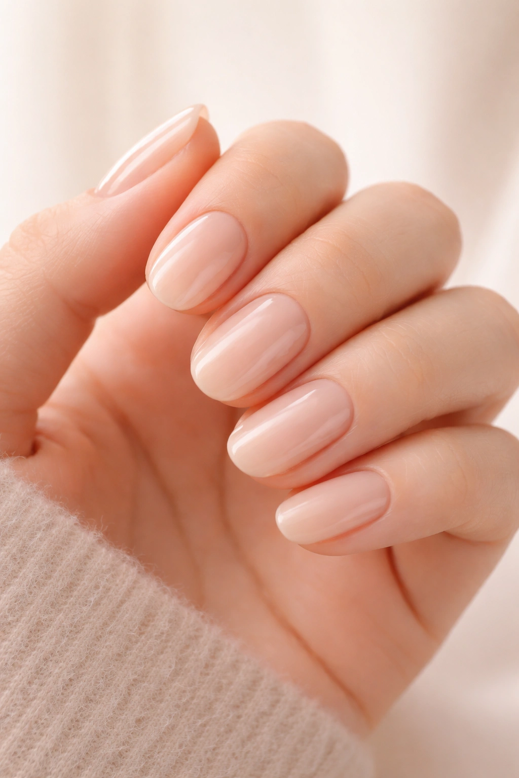 Hand with short natural-looking nude press-on nails