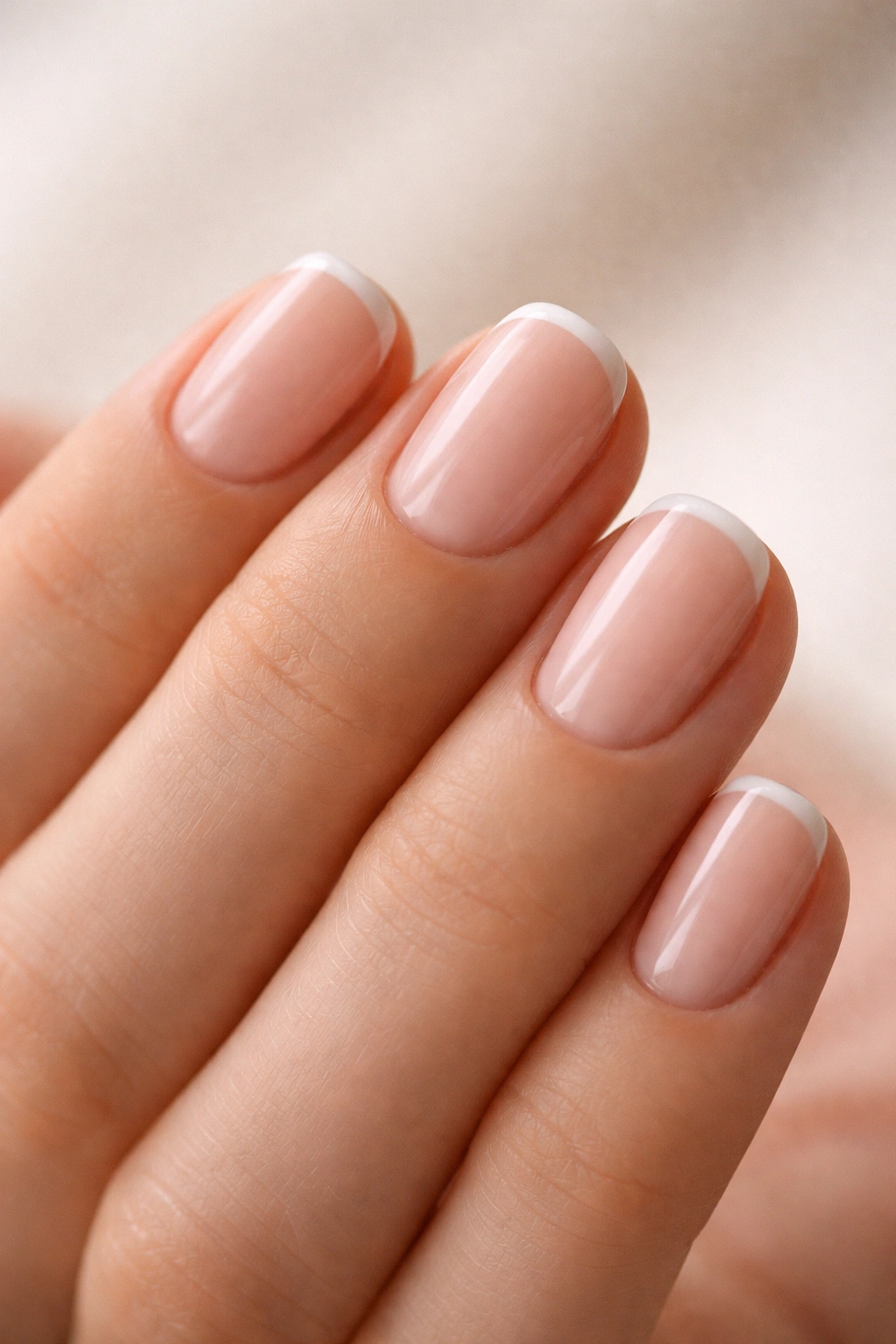 Close-up of natural nails with a barely-thin French-inspired tip on short squoval nails