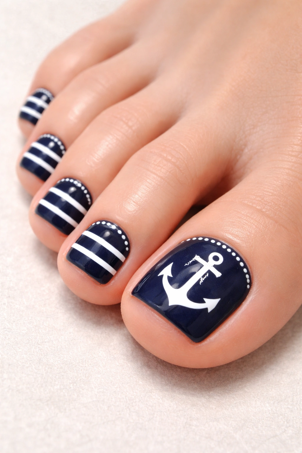 Navy blue toenails with white anchor and striped nautical design.