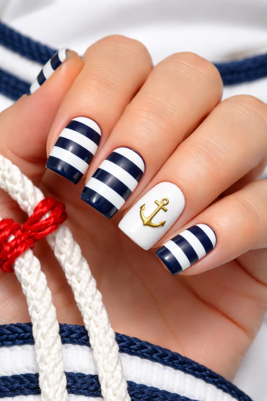 Navy and white striped nails with a small gold anchor accent