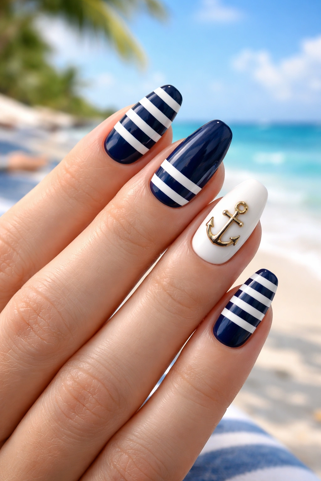 Navy and white striped nails with a tiny anchor on an accent nail