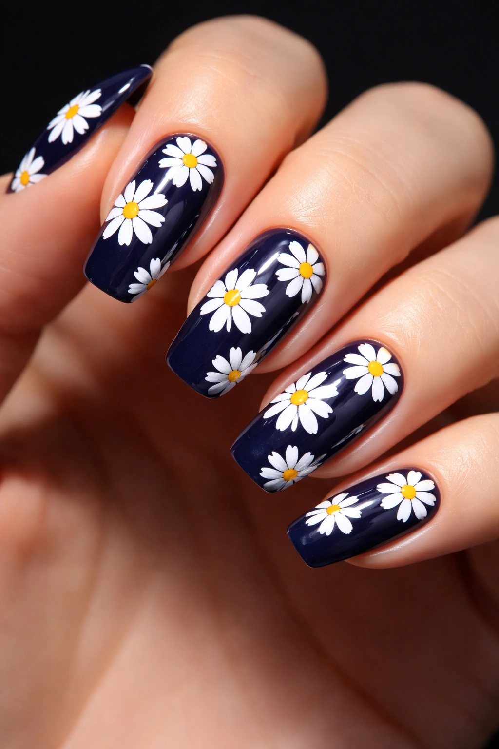 Nails with navy blue base and white daisies with yellow centers