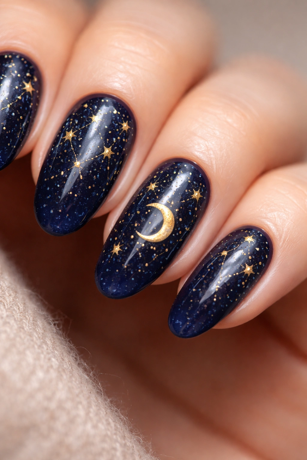 Navy nails with gold stars and moons close-up