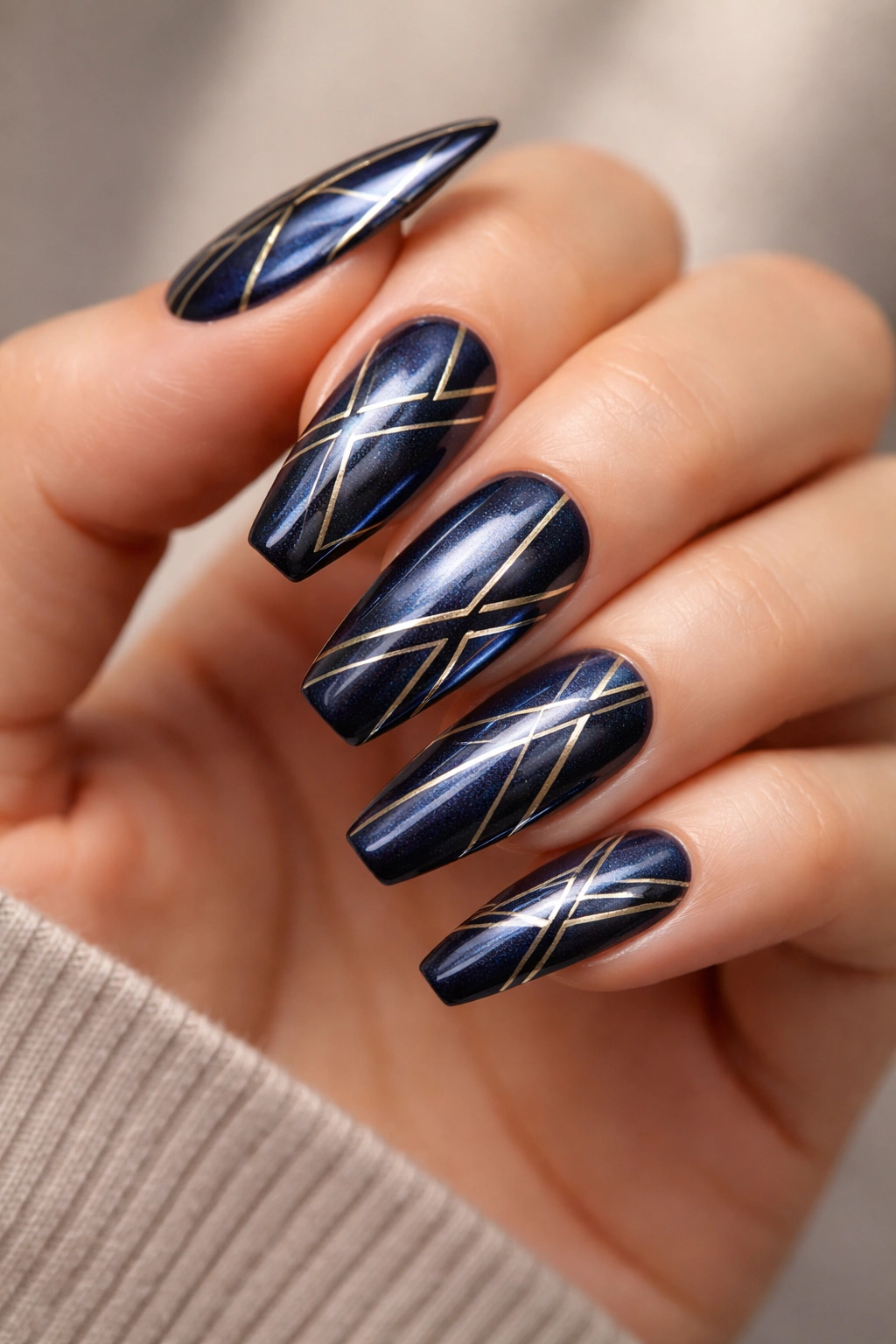 Close-up of nails painted navy blue metallic with geometric white and gold patterns