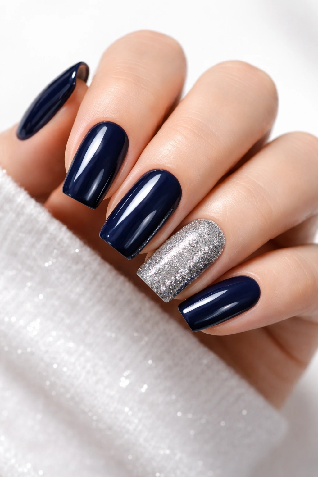 Navy nails with a silver glitter accent nail close-up