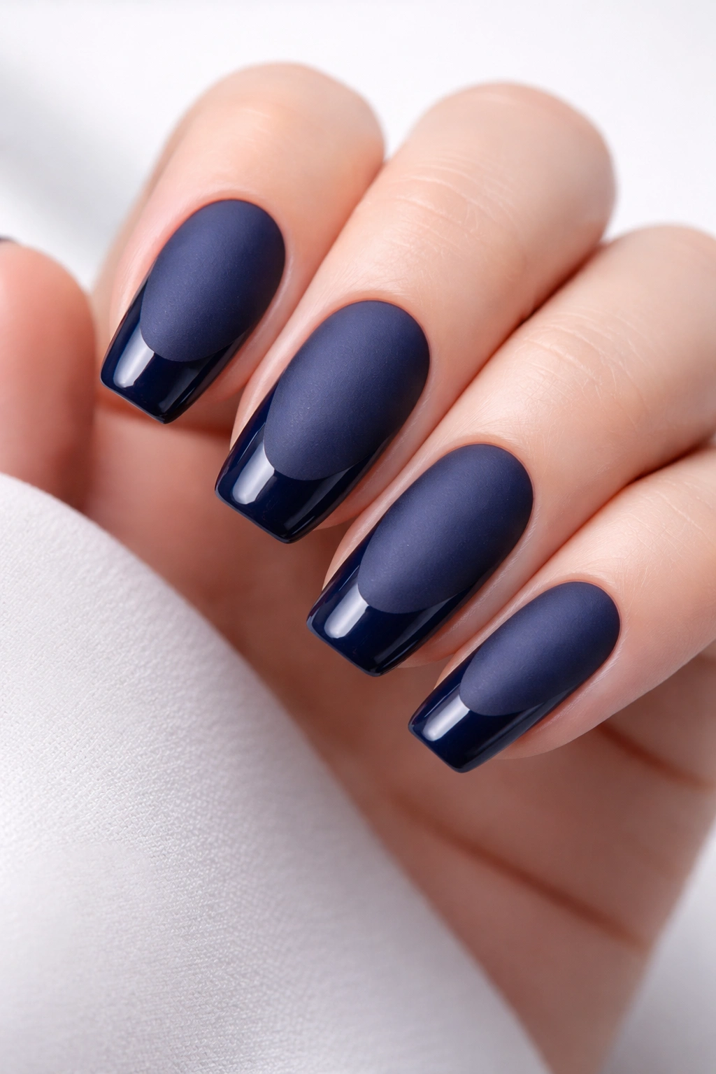 Navy nails with matte finish and glossy tips close-up