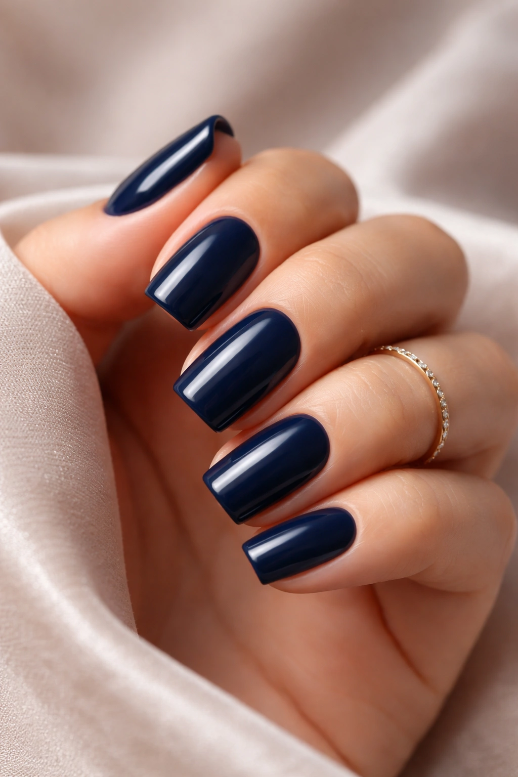 Close-up of navy blue nails on a hand with a neutral backdrop