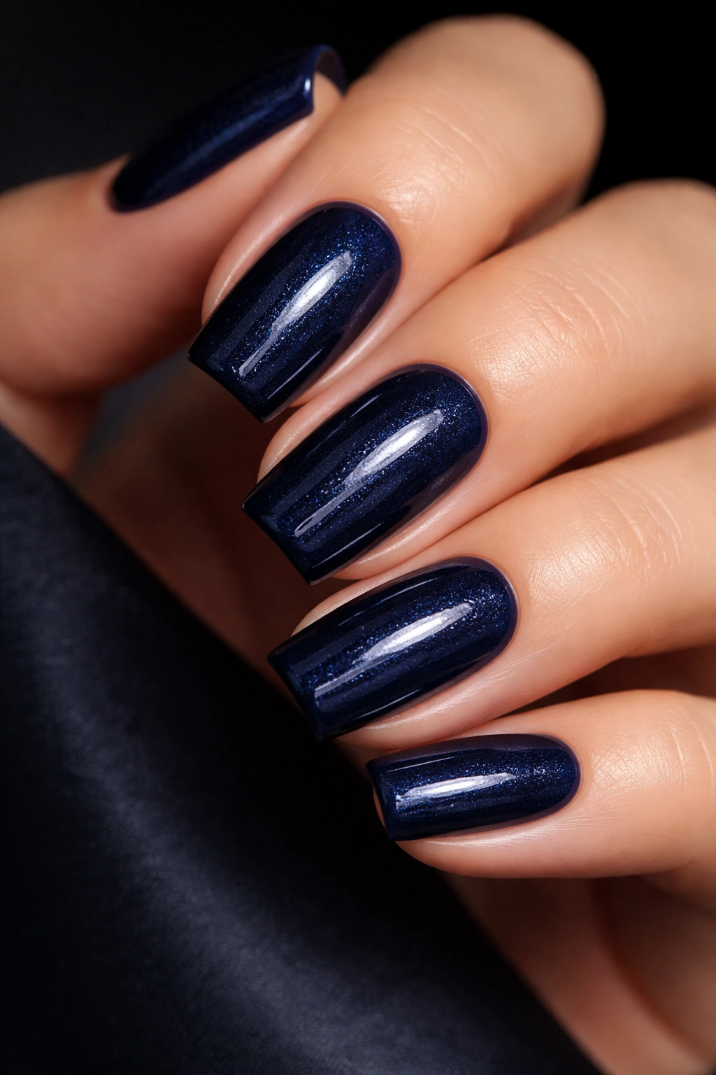 Close-up of navy blue nails with subtle shimmer