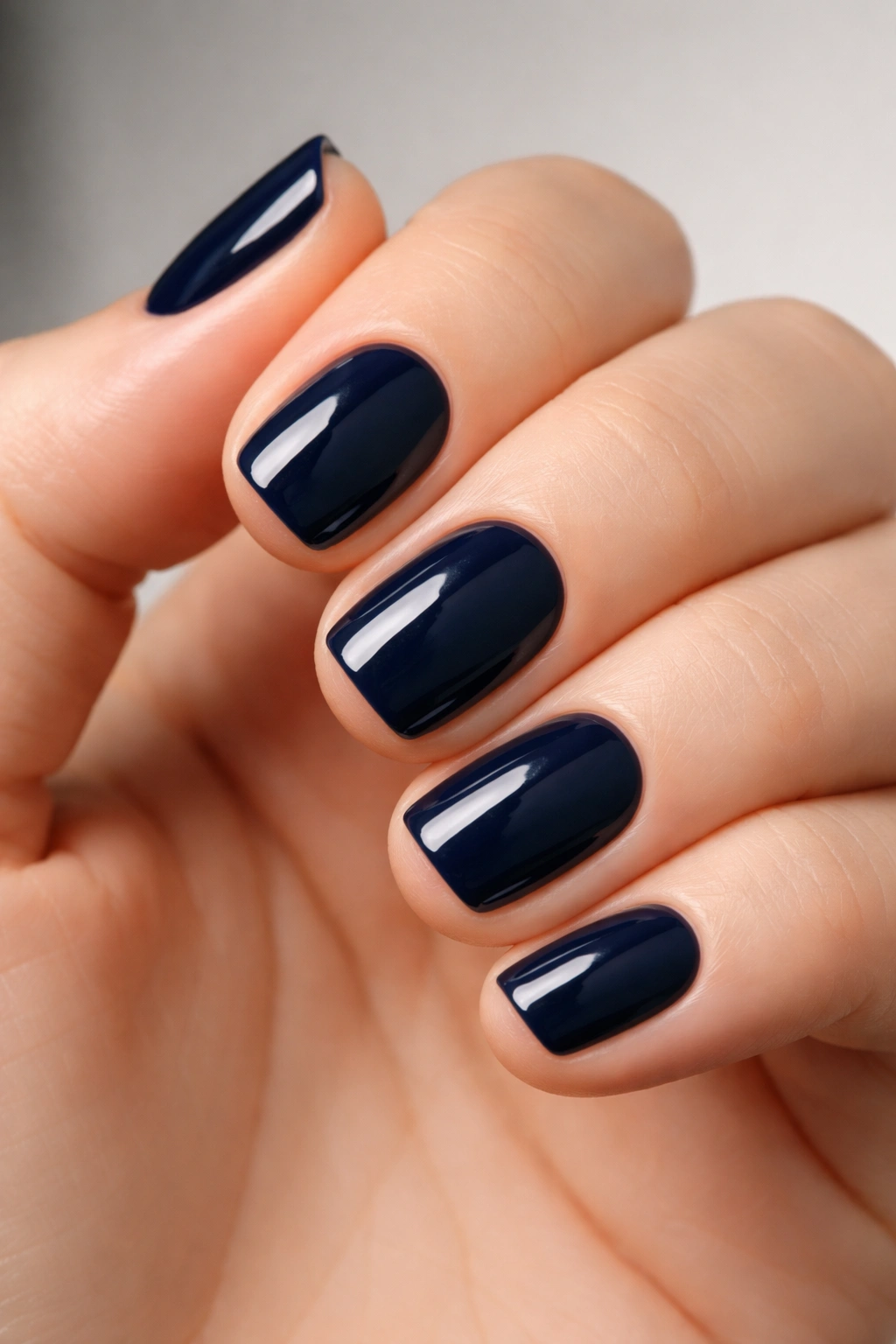 Close-up of navy blue nails with glossy finish