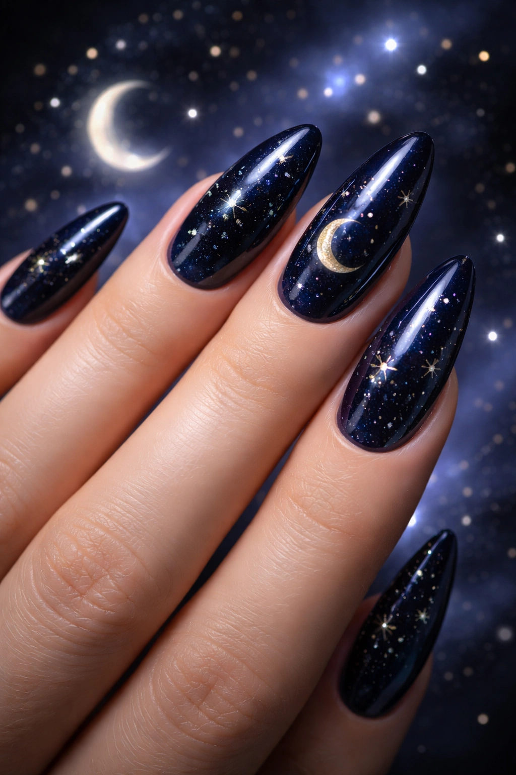 Navy blue nails with silver celestial accents like moons and stars.