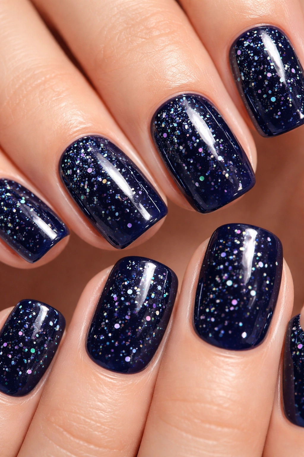 Navy blue nails with iridescent confetti flecks