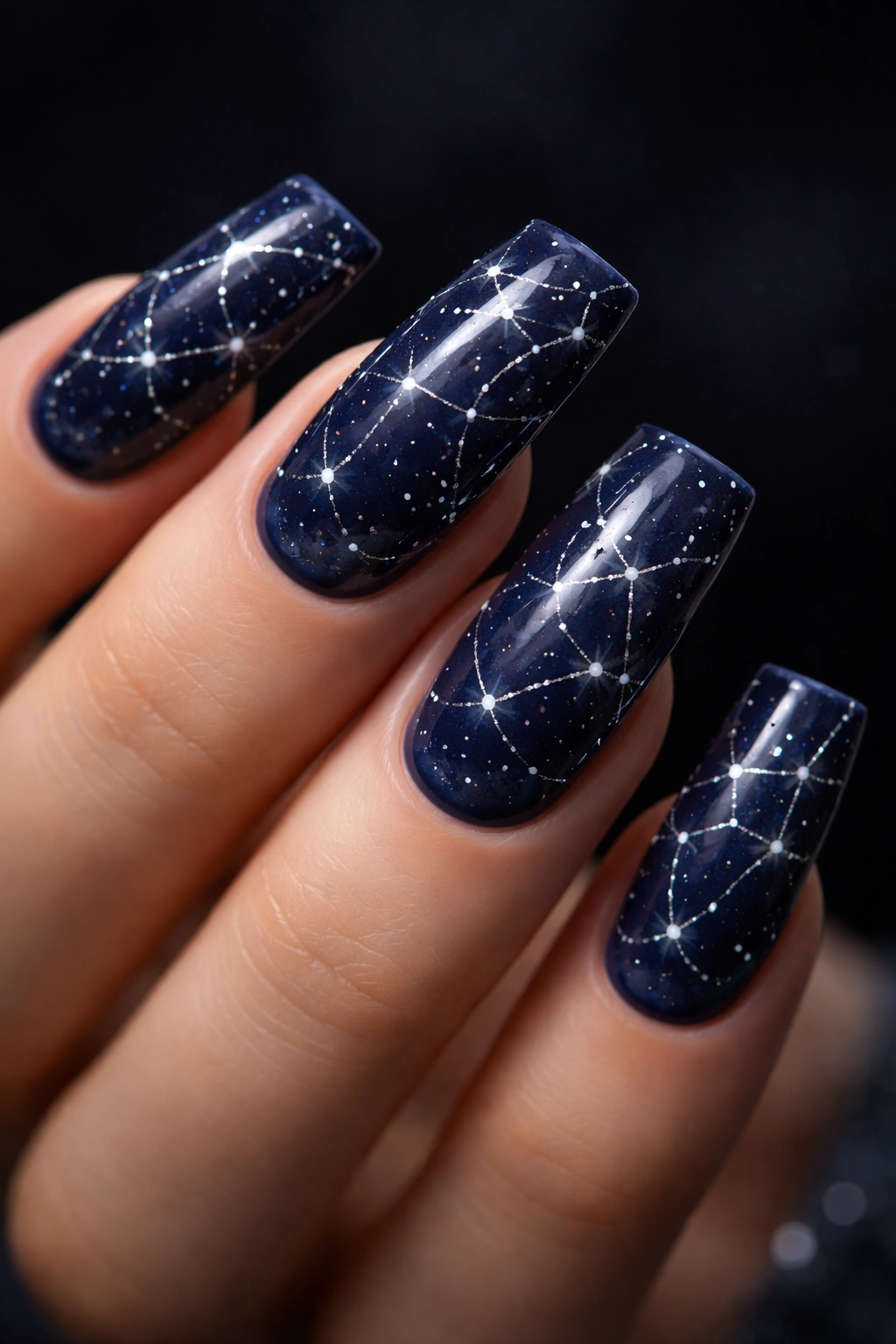 Navy blue curved duck nails with constellation design