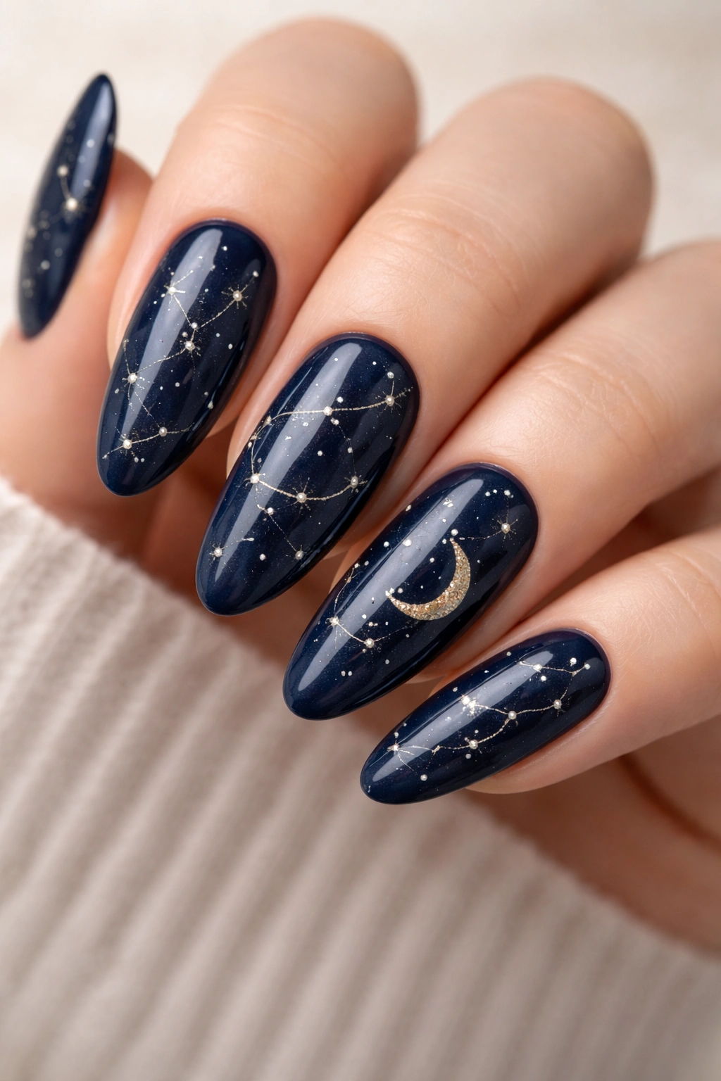 Close-up of navy blue long oval nails with constellation patterns in white and gold