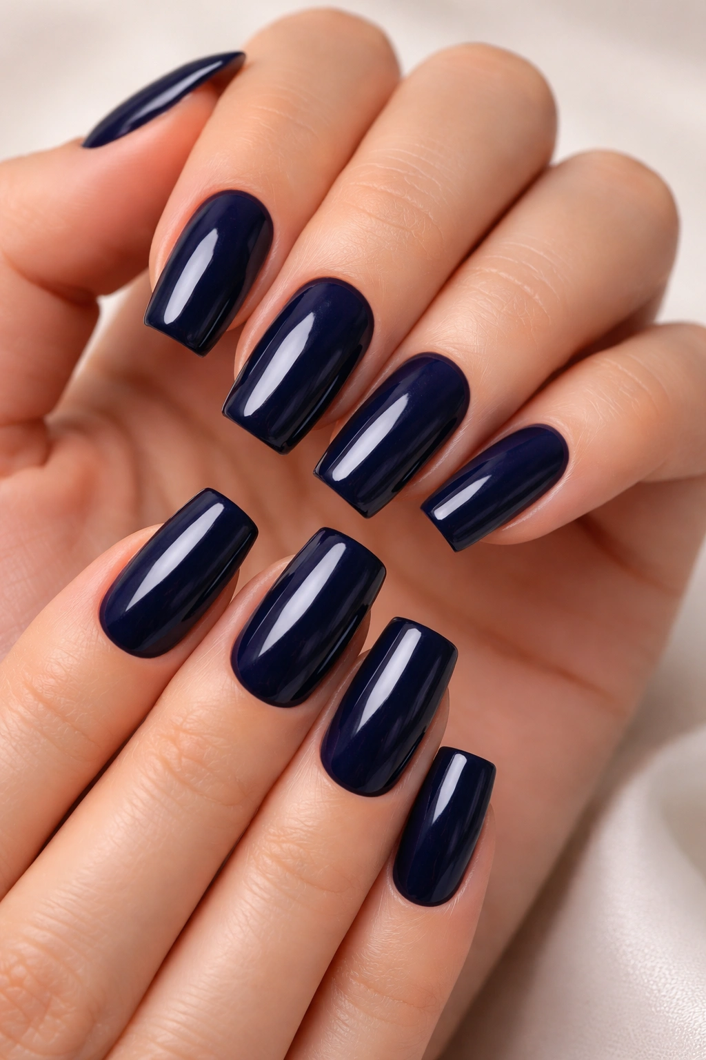 Close-up of deep navy blue glossy nails