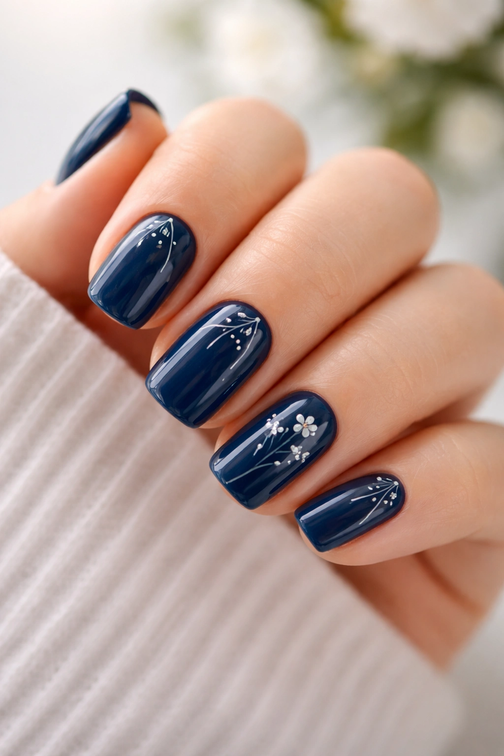 Close-up of navy blue nails with delicate white floral line work on short squoval tips