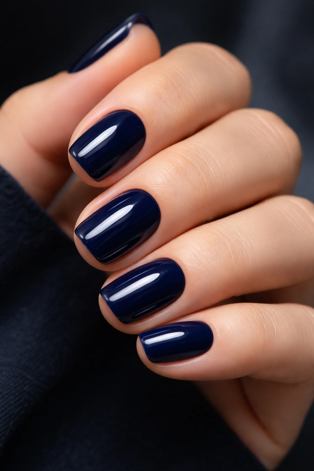 Close-up of navy blue nails with glossy shine