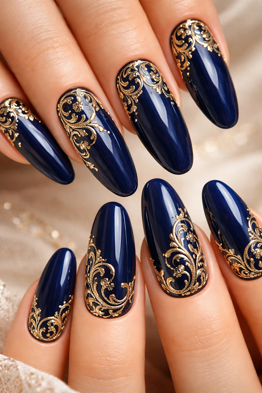 Close-up of long round nails painted navy blue with delicate gold filigree