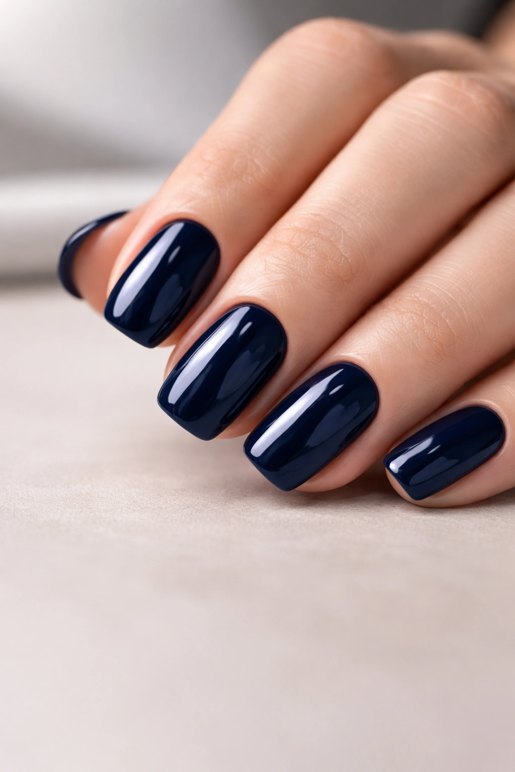 Close-up of glossy navy blue nails on a hand in a minimal studio setting