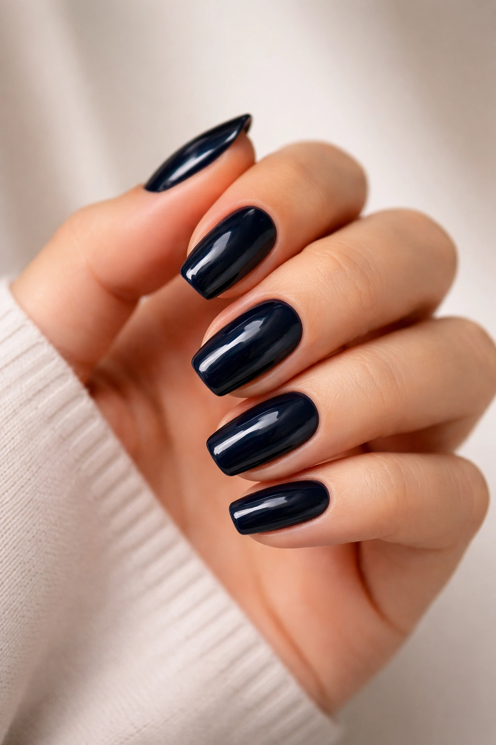 Close-up of hands with navy blue glossy nails