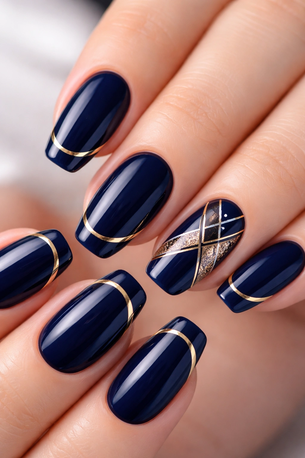 Navy blue nails with metallic gold stripe and geometric accent on clean background