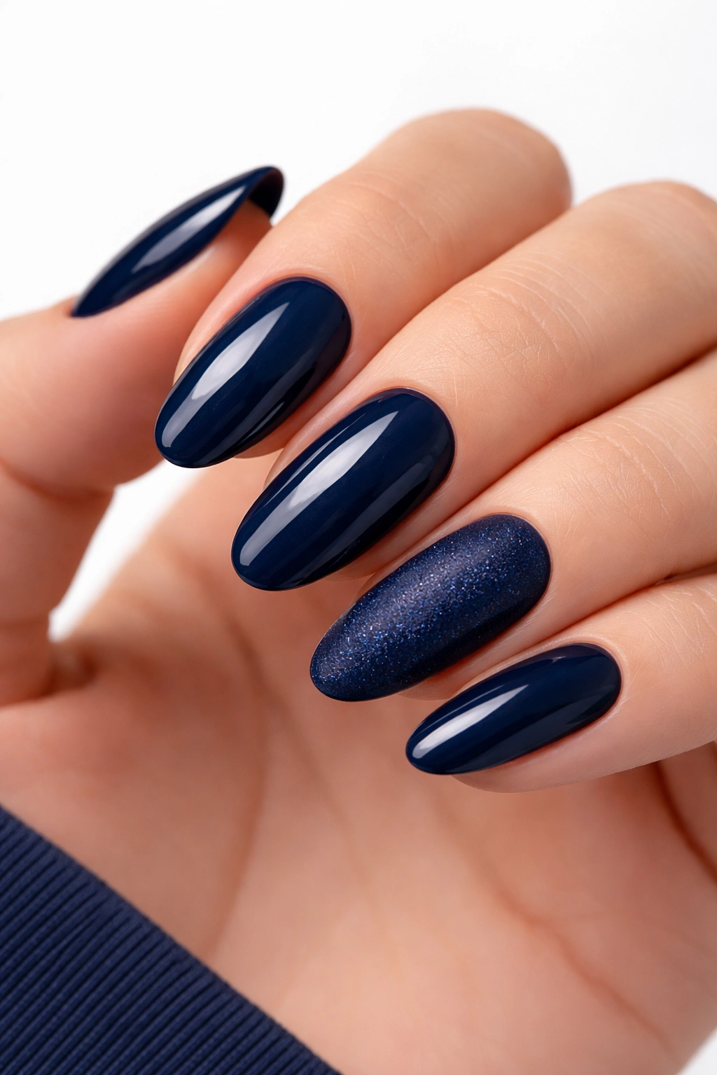 Close-up of navy blue nails on a hand with white background
