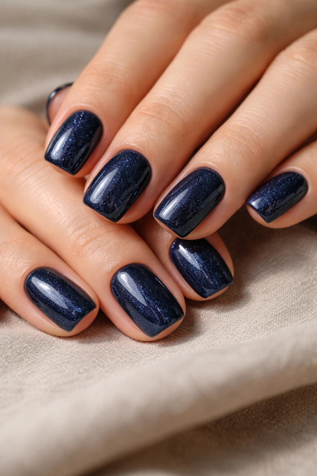 Close-up of navy blue squoval nails with subtle shimmer