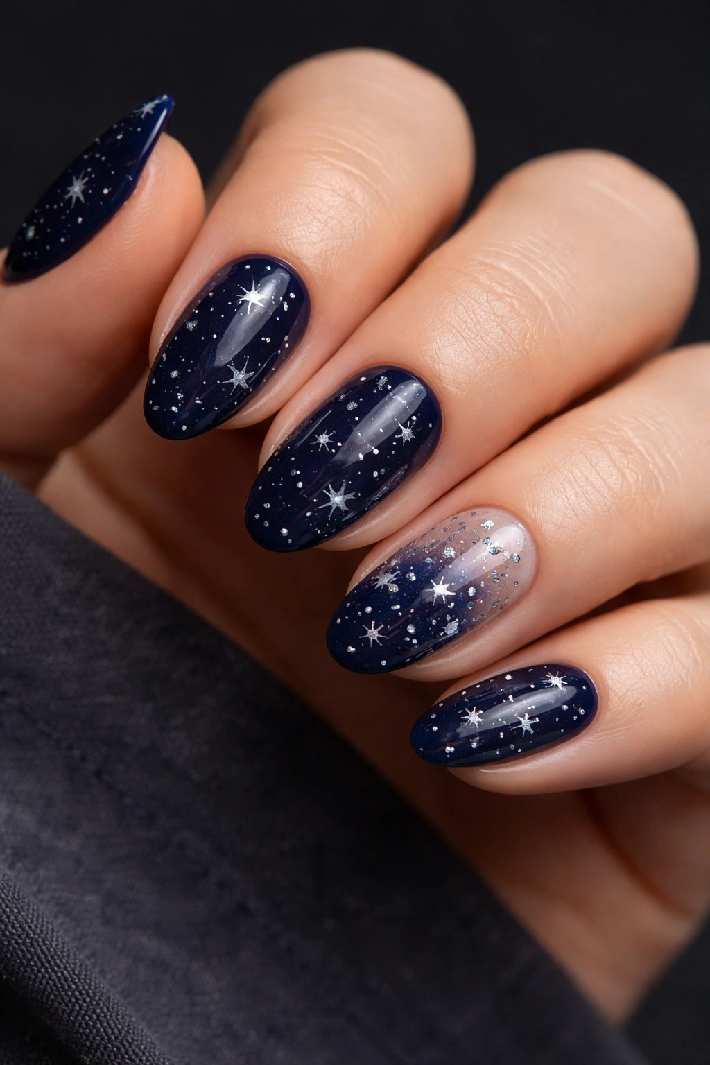 Close-up of navy blue almond nails with tiny silver night sky stars