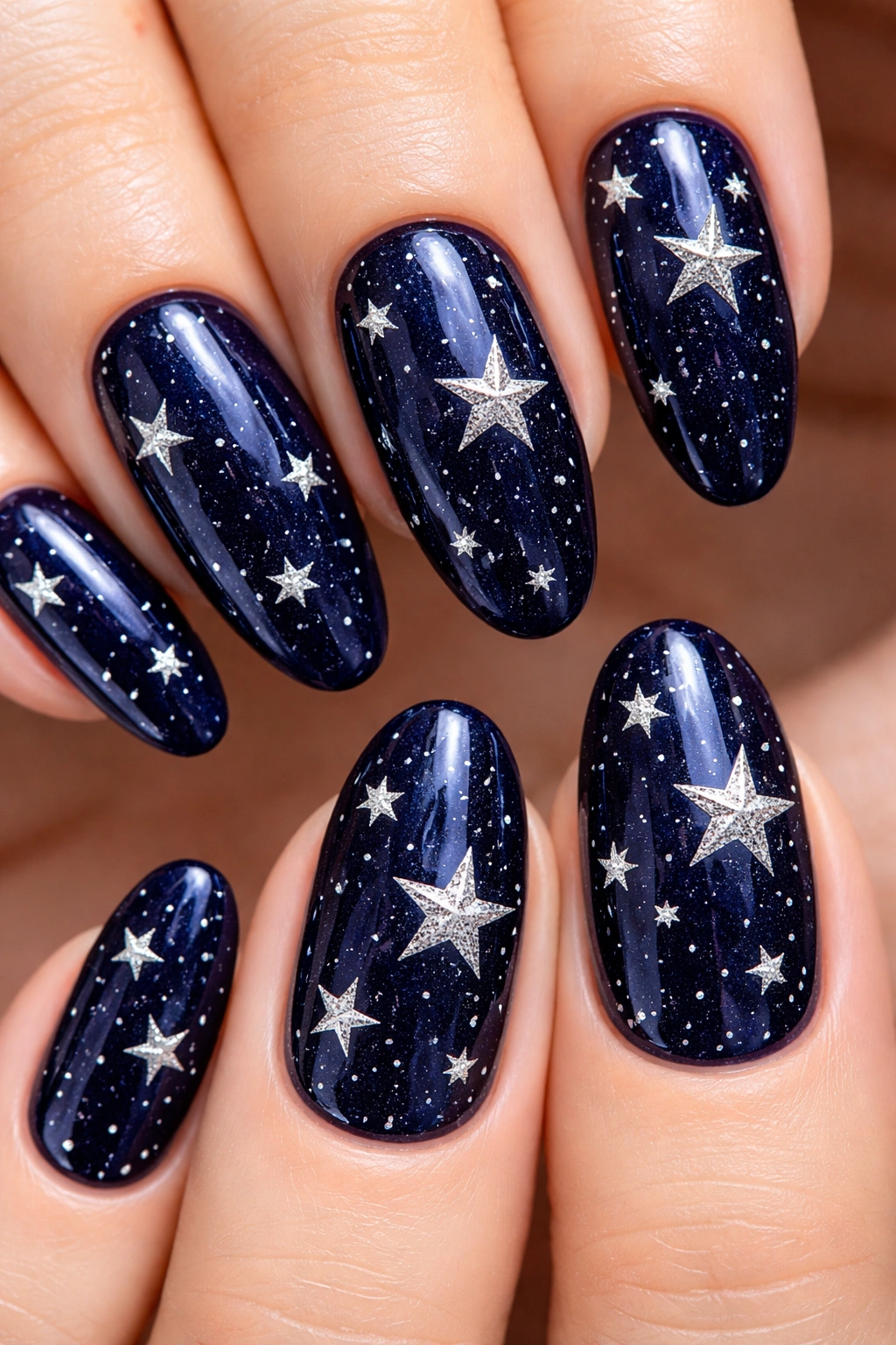Navy blue nails with silver stars on a neutral background