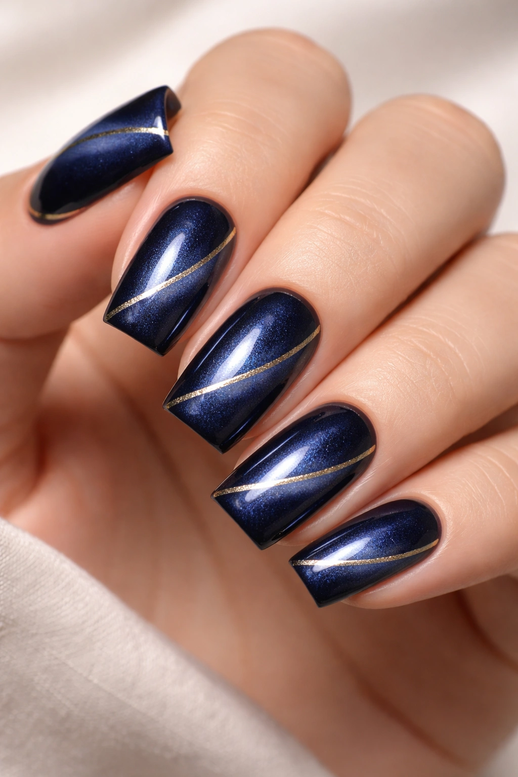 Close-up of Navy Blue Cat Eye Nails with Gold Accents on soft square nails.