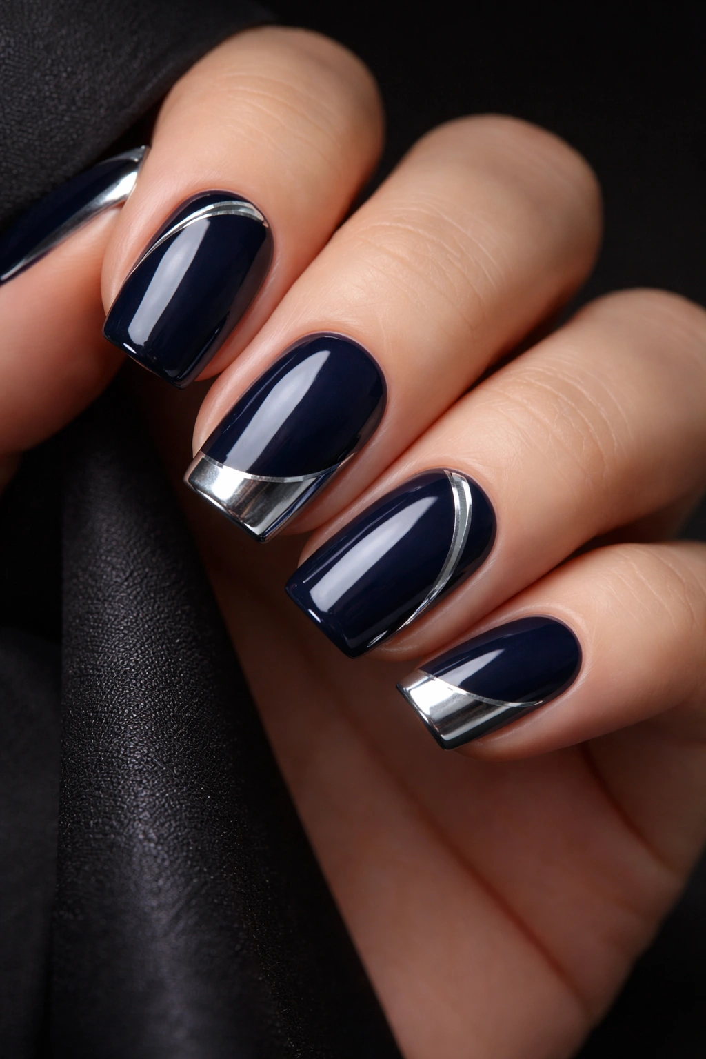 Deep navy nails with chrome silver details on short squoval nails