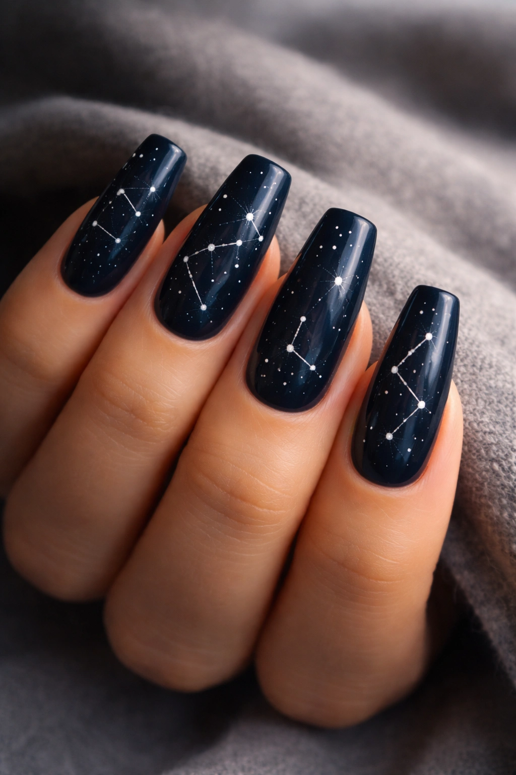Navy coffin nails with white constellation dots and lines