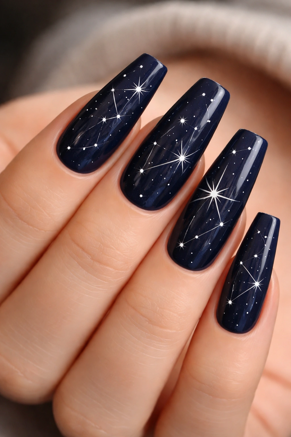 Dark navy nails with tiny silver stars and constellation lines