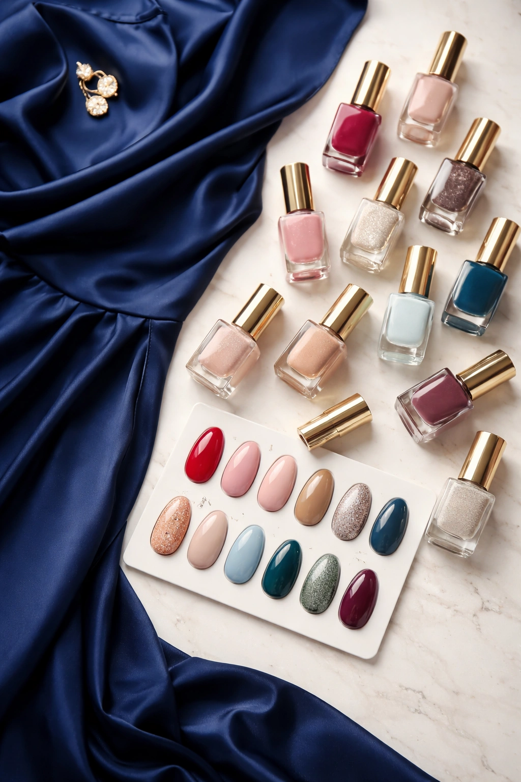 Navy fabric with nail color swatches arranged for choosing nail color
