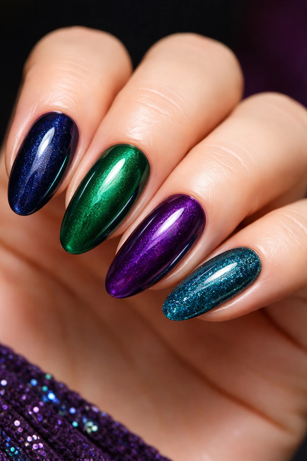 Navy, emerald, and amethyst jewel-tone nails on hand