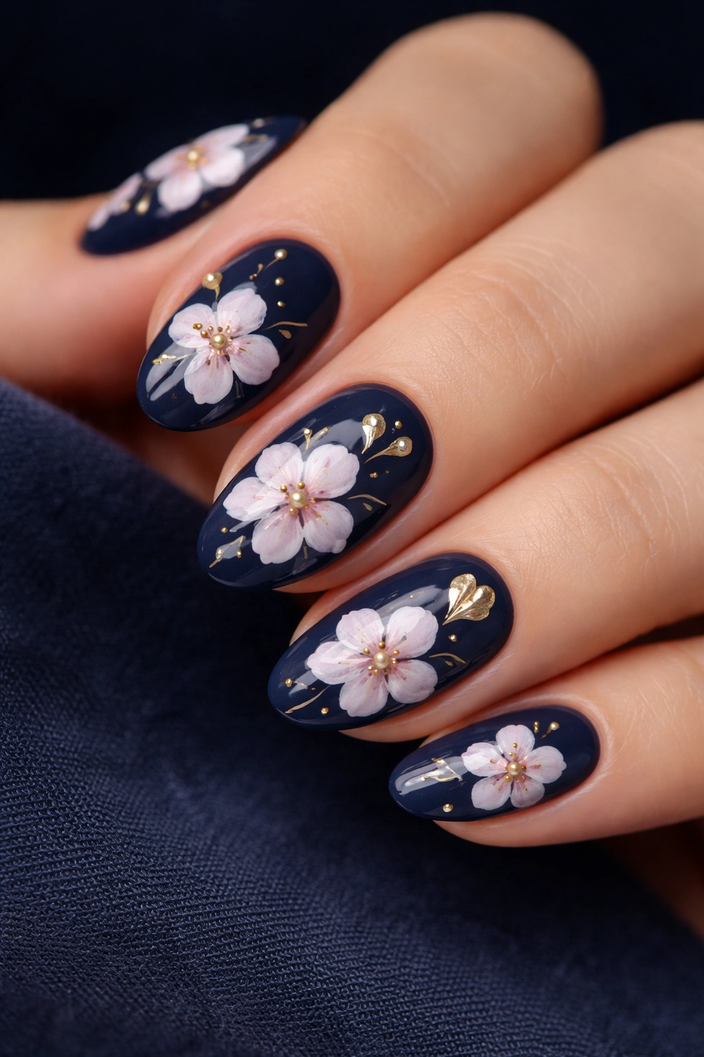 Short almond nails with deep navy base and gold floral accents.