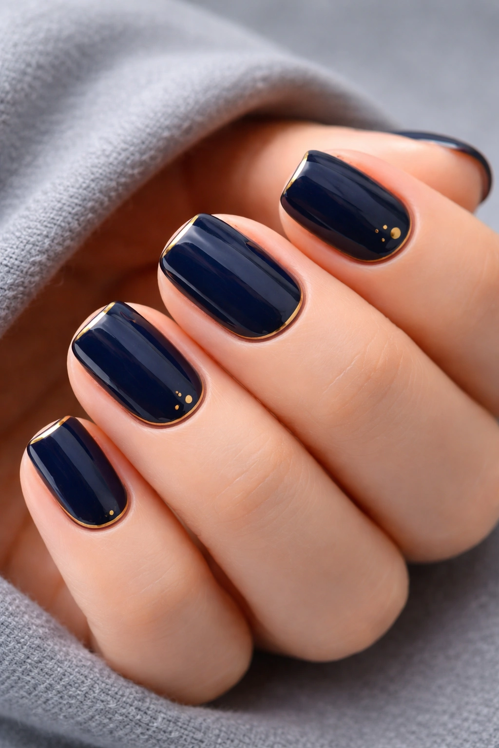 Navy nails with subtle gold accents on short squoval nails