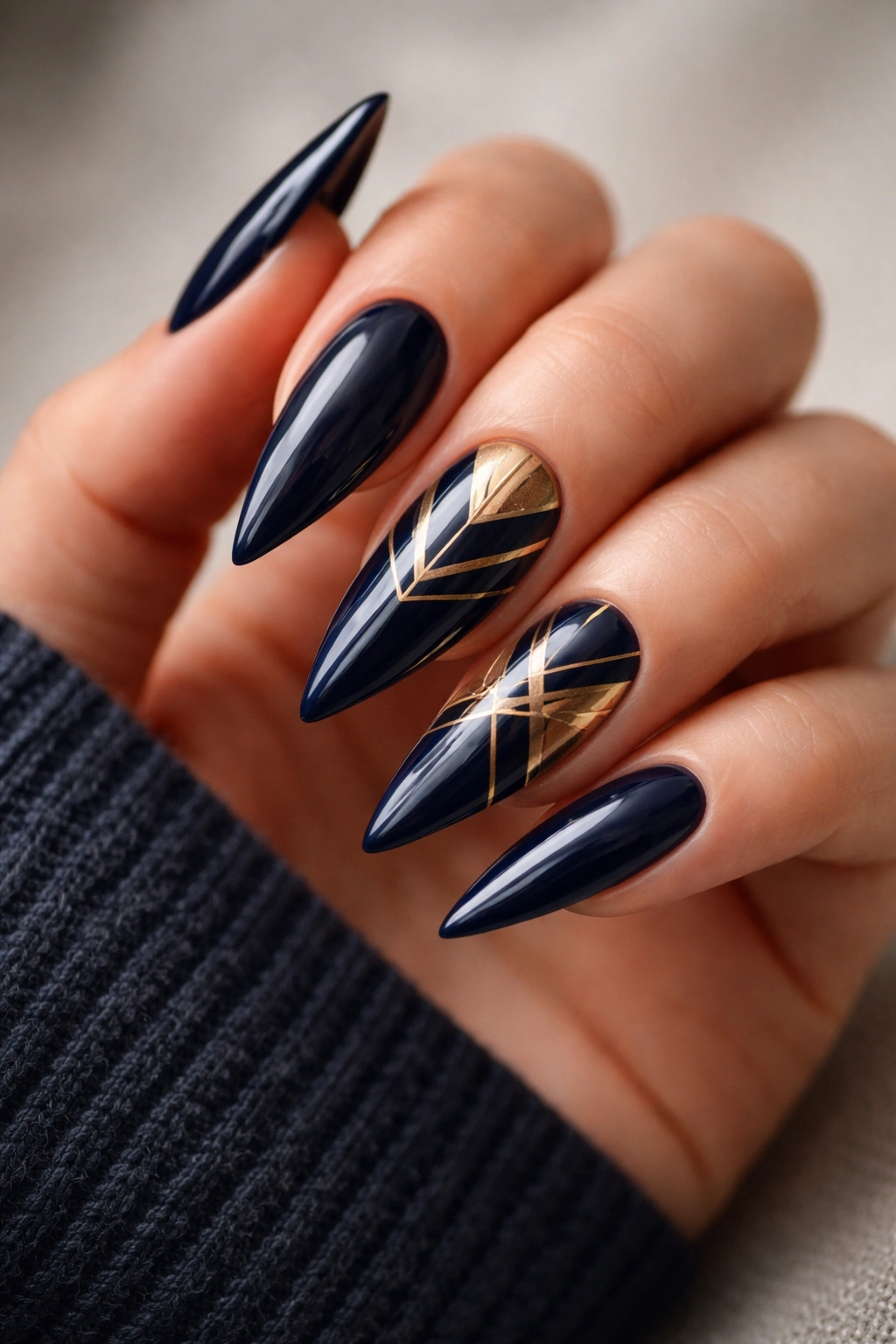 Close-up of navy nails with gold geometric pattern on stiletto nails