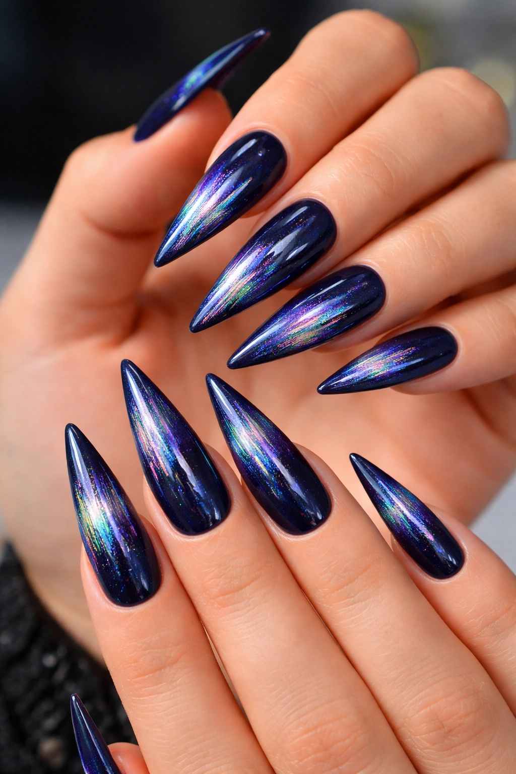 Close-up of deep navy stiletto nails with holographic shimmer
