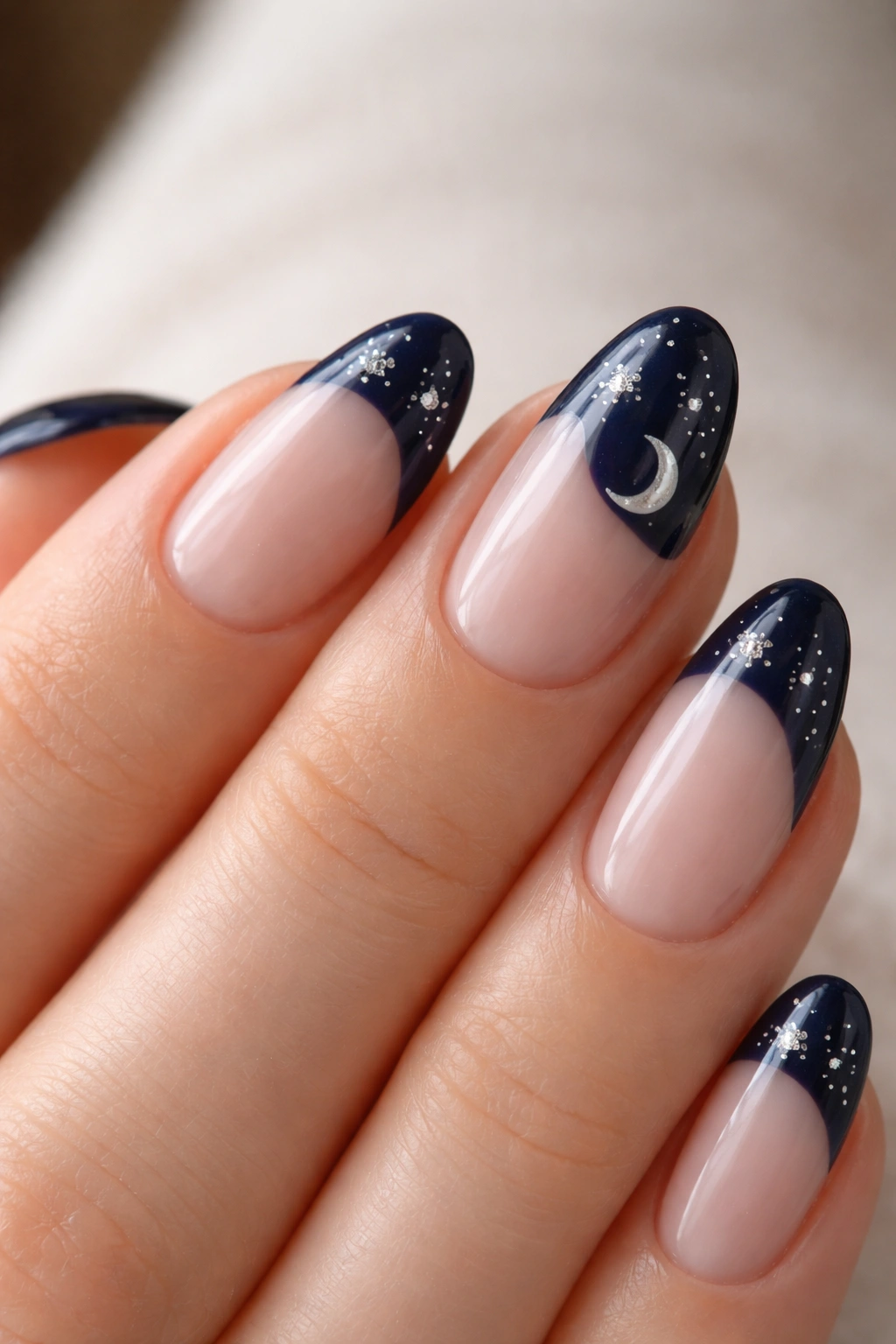 Close-up of a short almond nail with navy tip and silver stars with a crescent moon